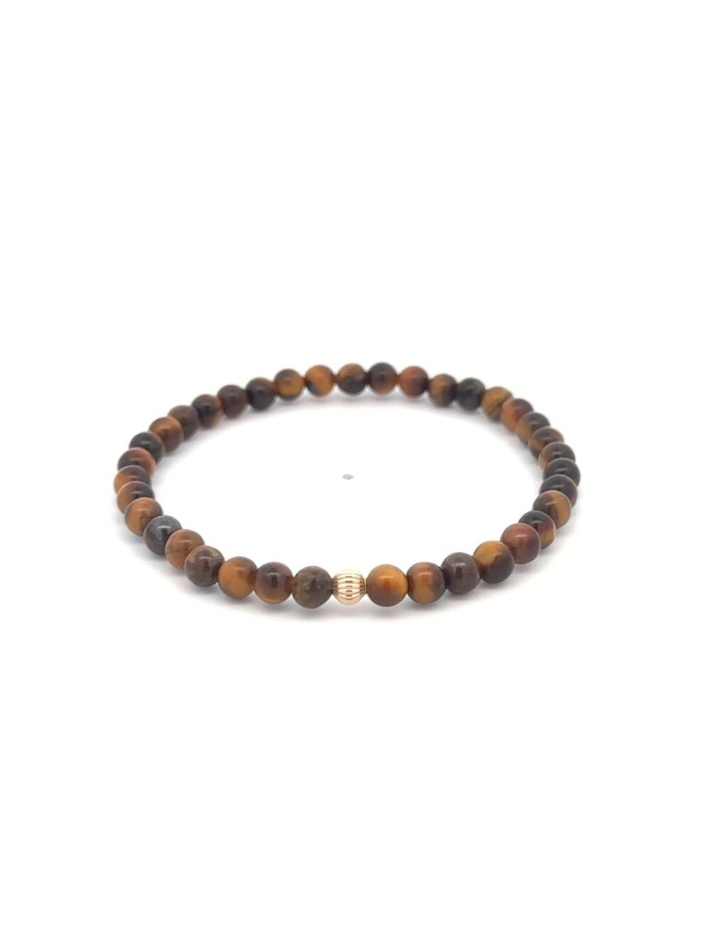 14K Gold Corrugated Accent Bead Natural Tiger's Eye Gemstone Stretch Bracelet